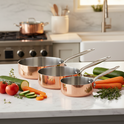 Set de Casseroles en Cuivre 3 Pièces — lifestyle comptoir marbre avec légumes frais