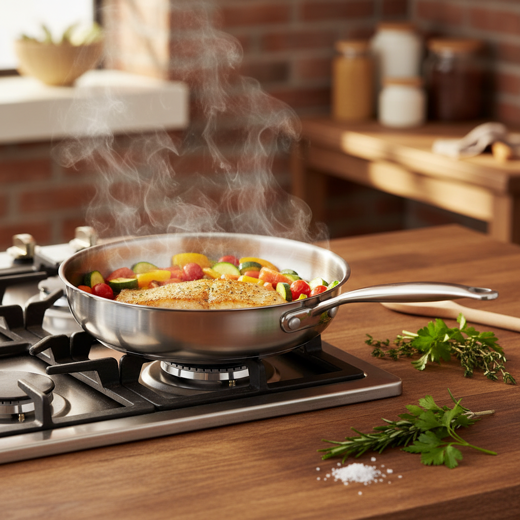 Poêle Inox 30cm Professionnelle - ambiance cuisine chaleureuse