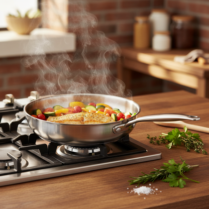 Poêle Inox 30cm Professionnelle - ambiance cuisine chaleureuse