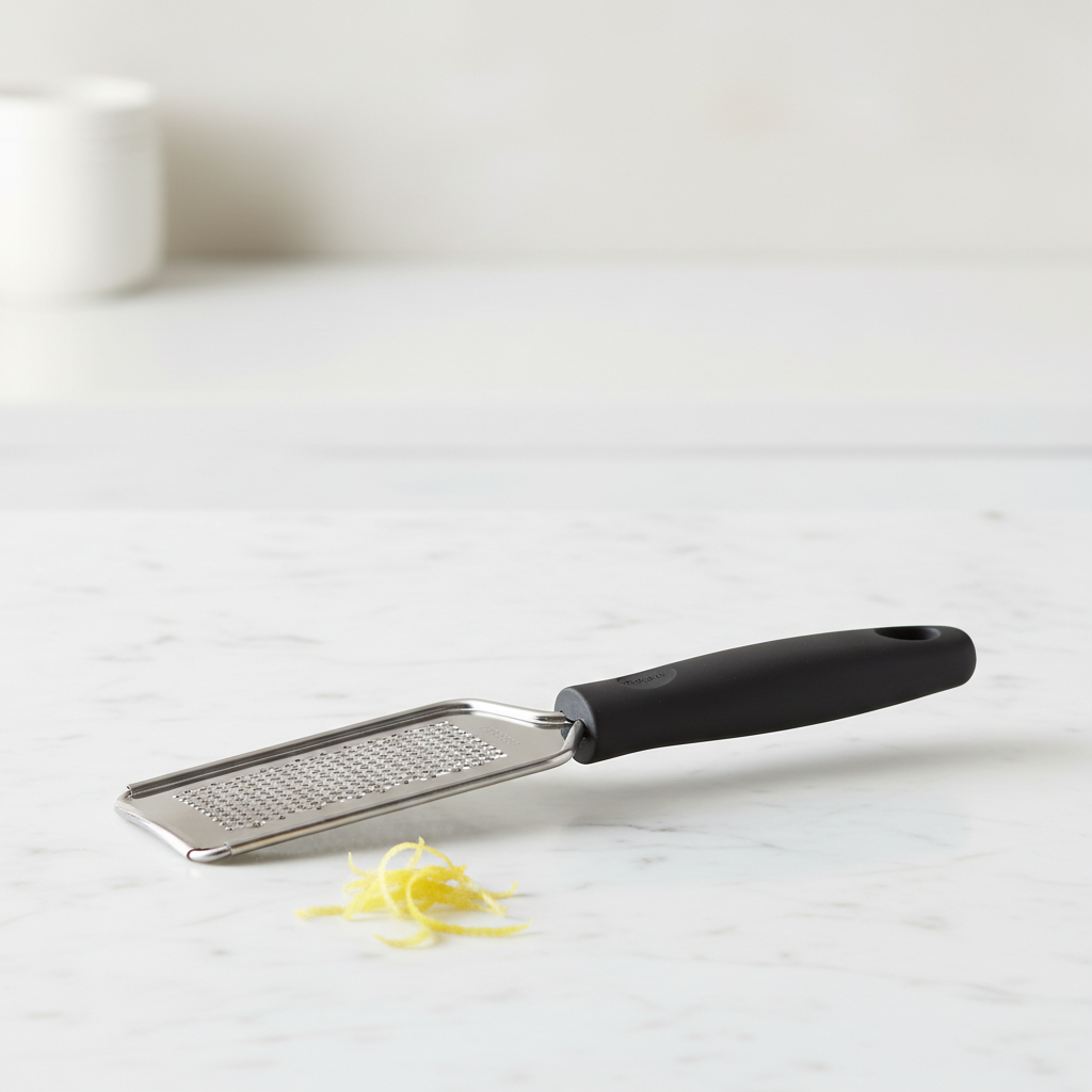 Râpe zesteur inox fond neutre marbre blanc