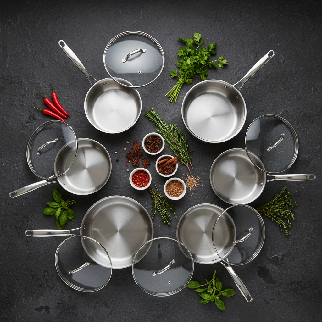 Batterie de Cuisine Inox Induction 10 Pièces - flat lay artistique ardoise