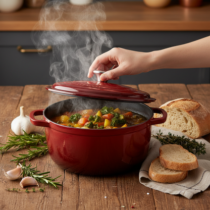 Cocotte Fonte 22cm Ronde rouge — lifestyle cuisine main couvercle vapeur